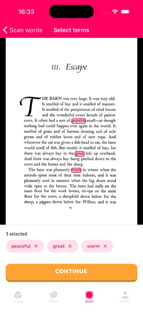 Scan words screen